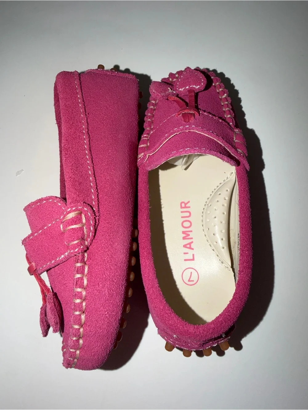 NWT L'Amour Girls Size 7 Fuchsia Suede Driving Moccasins | Heart Tassel